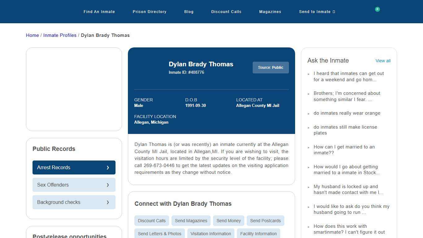 Inmate Search: Dylan Brady Thomas 408776, Allegan, Michigan