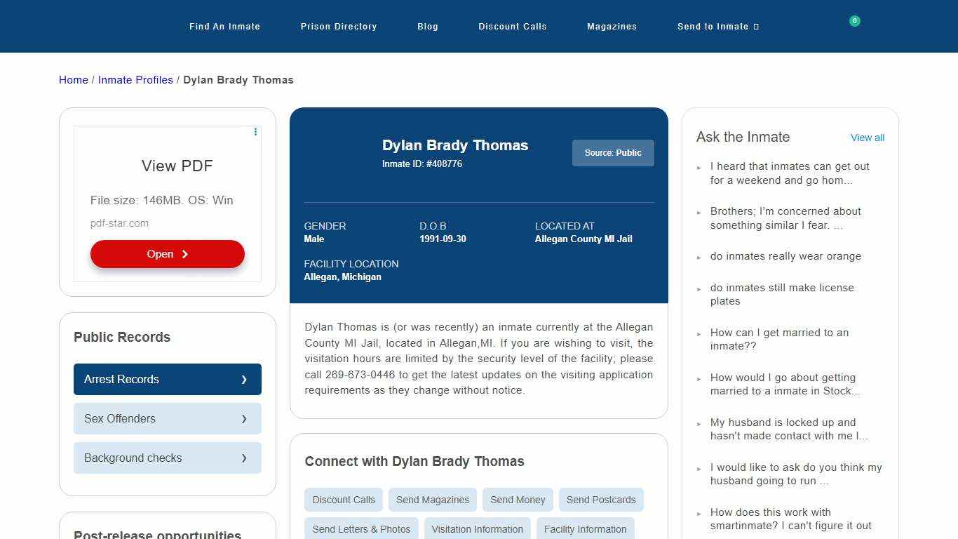 Inmate Search: Dylan Brady Thomas 408776, Allegan, Michigan